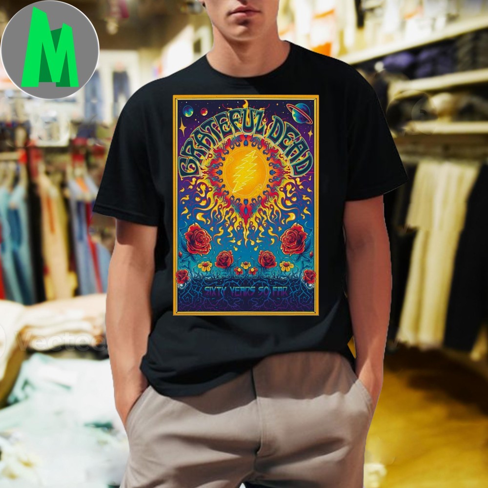 Grateful Dead 60th Anniversary Psychedelic Sun & Roses Poster Graphic T-Shirt