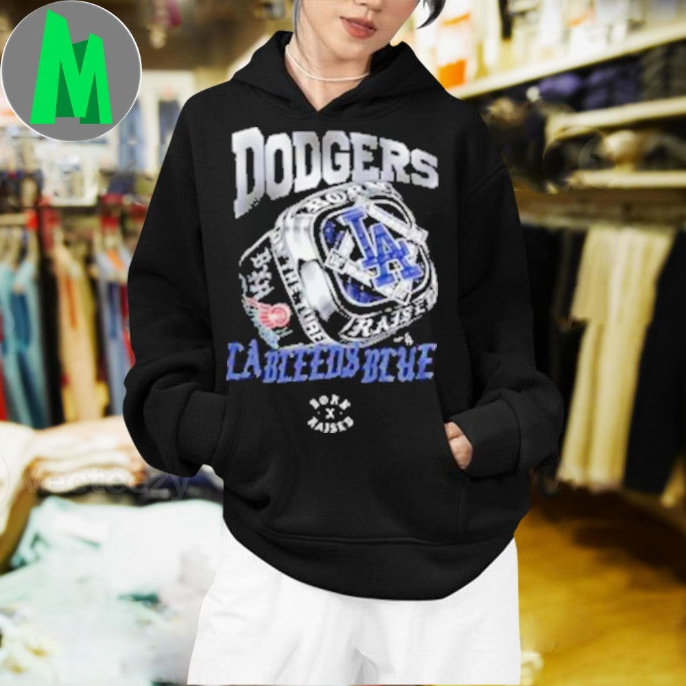 Los Angeles Dodgers x Born X Raised 2025 T-Shirt LA Leva Bleeds Blue MLB Baseball Fan Apparel Championship Ring Graphic Tee