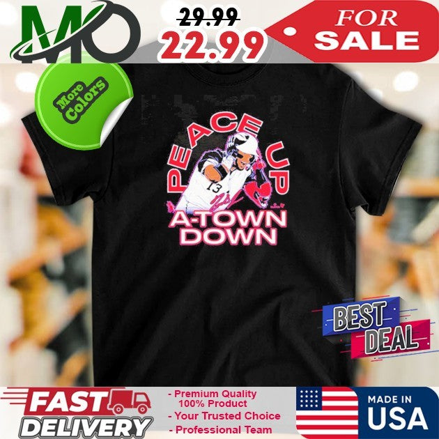 Number 13 Ronald Acuña Jr. Peace Up A-Town Down Signature Graphic Baseball Shirt