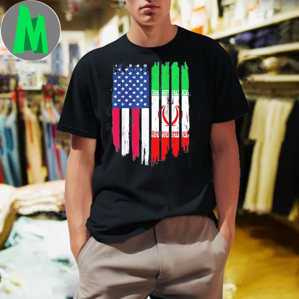 USA & Iran Flag Distressed Graphic Political T-Shirt