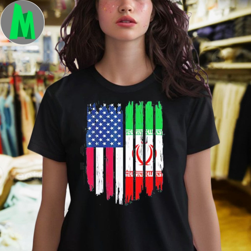 USA & Iran Flag Distressed Graphic Political T-Shirt