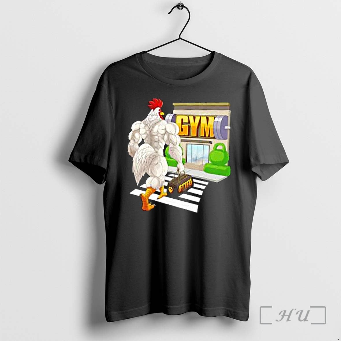 Officials Muscular White Rooster Walking On Zebra Crossing To Gym