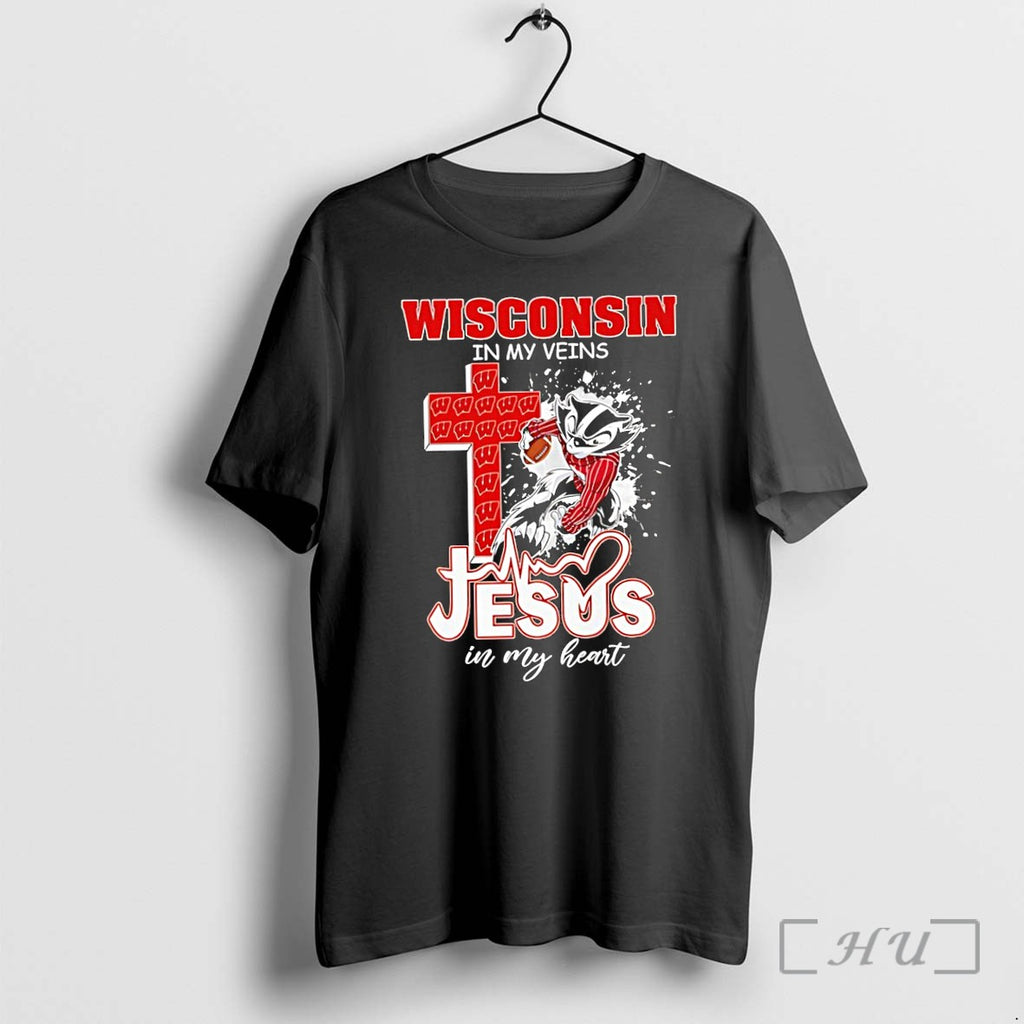 Officials Wisconsin Badgers Football In My Veins Jesus In My Heart Mascot Premium T Shirts