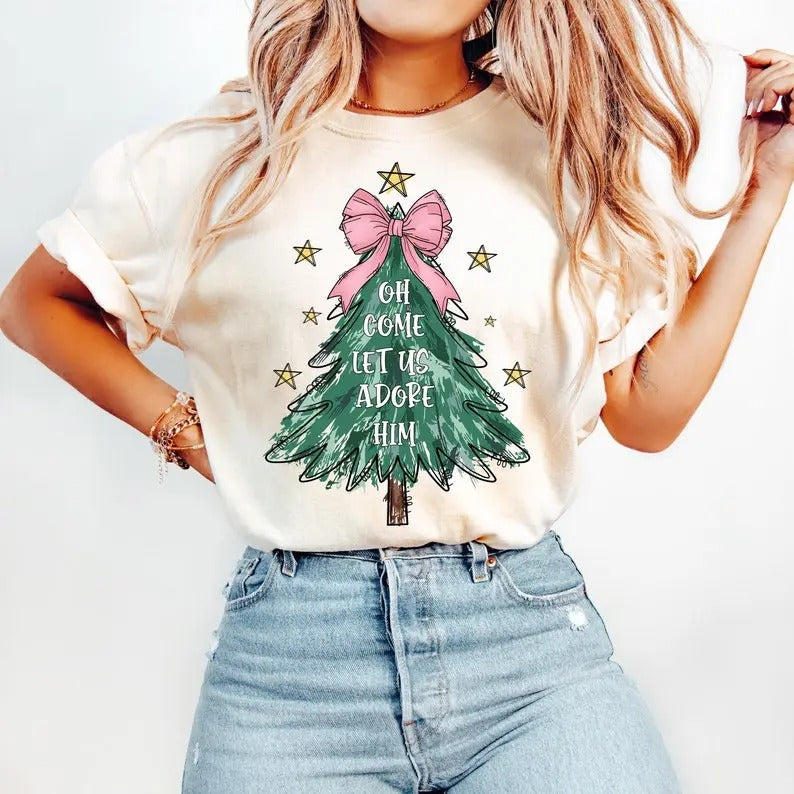 Oh Come Let Us Adore Him, Jesus Christmas, Coquette Christmas Tree, Hand, Christian Christmas Tshirt Hoodie, Sweatshirt