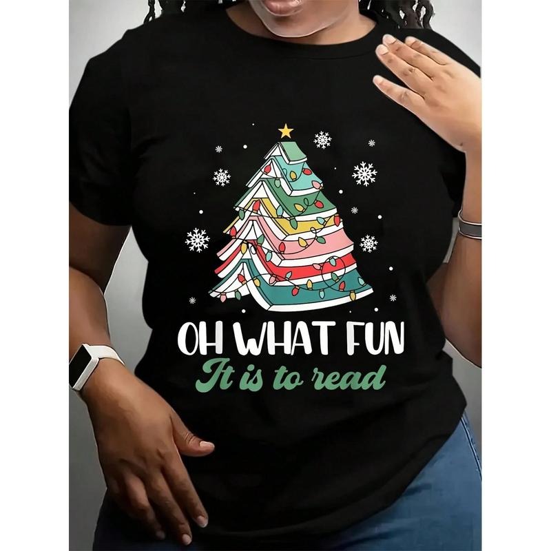 Oh What Fun Read Book Lights Christmas Tree Party Snowflake T-Shirt Cotton Fabric Women's Casual Short Sleeve Round Neck...