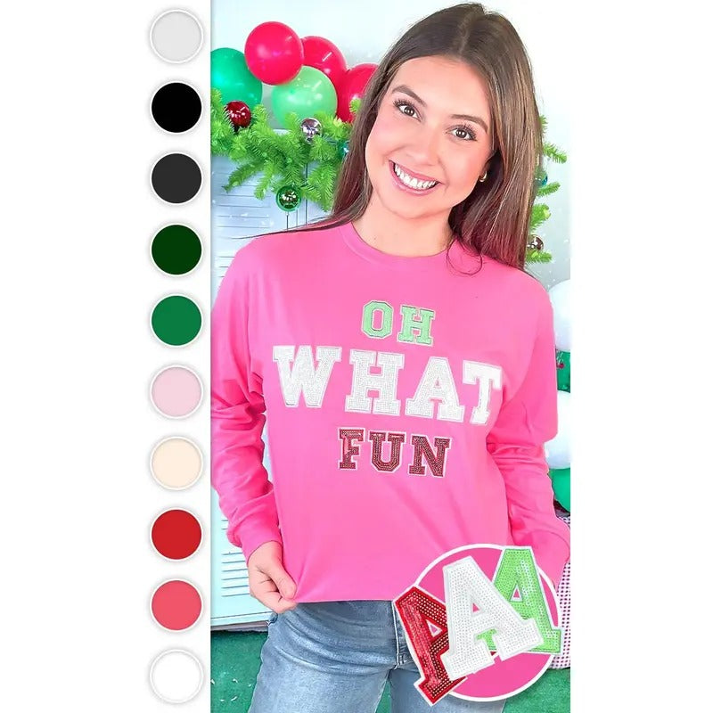 Oh What Fun Sequin Christmas Graphic Long Sleeve T-Shirt Hoodie, Sweatshirt | UrbanDripWear.com