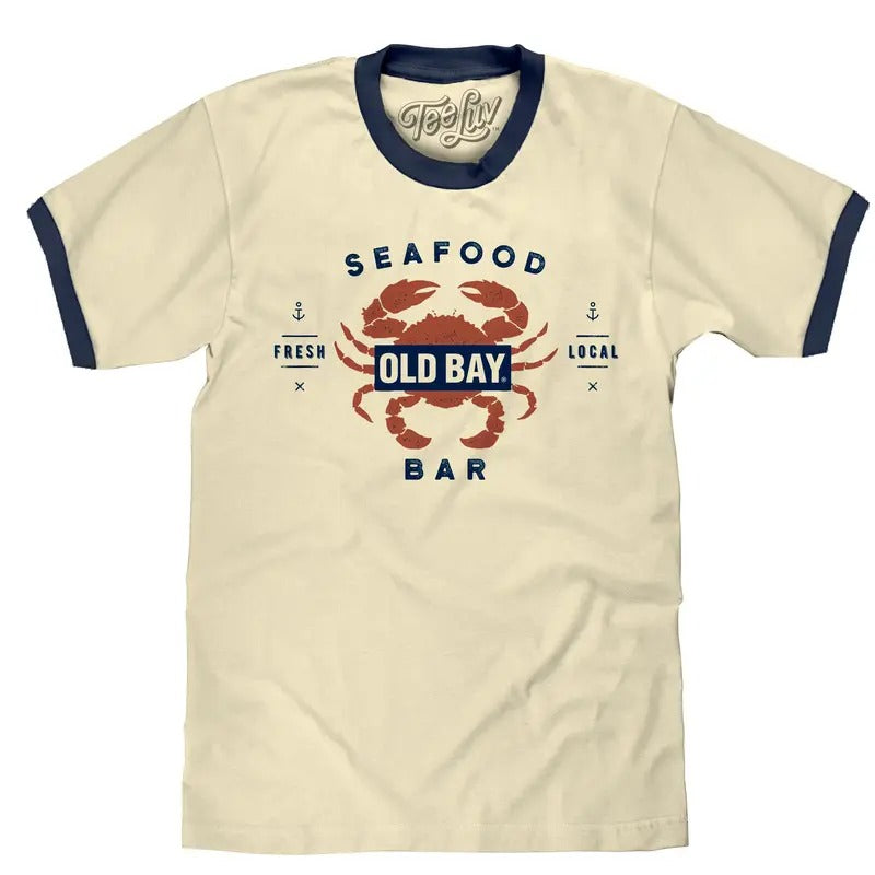 Old  Bay Seafood Bar Lobster Logo Ringer T-Shirt - Beige and Navy Hoodie, Sweatshirt | UrbanDripWear.com