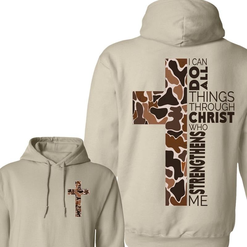 Old School Camo Bottomland Bibler Verse Unisex 2 Sided Hoodie, I Can Do All Things Through Christ Phillipians Sweatshirt,...