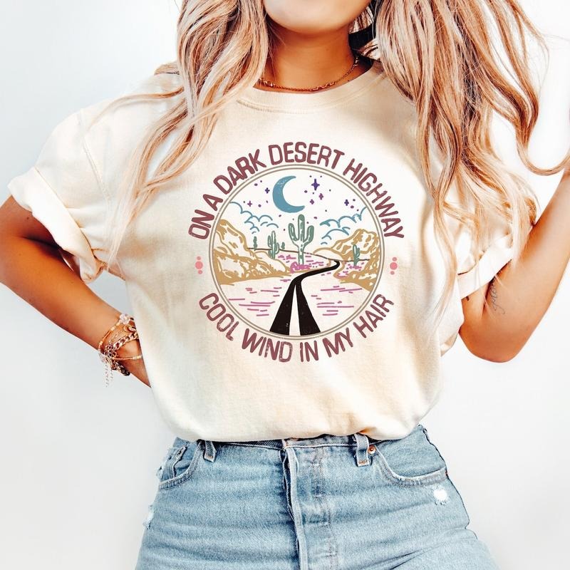 On A Dark Desert Highway T-Shirt Women's Spring Casual Crewneck Short Sleeve 100% Cotton for Solid Colors Travel Mountain...