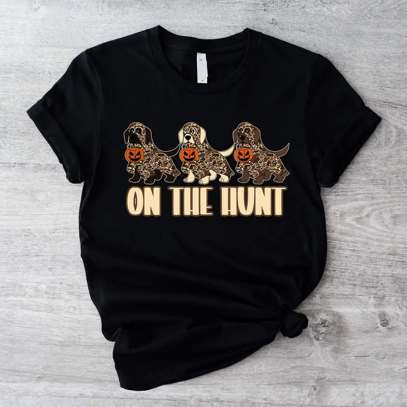 On The Hunt Cute Spooky Dog HUnting Halloween Shirt, Hunting Dog And Pumpkin Camo Tee Hoodie, Sweatshirt | UrbanDripWear.com