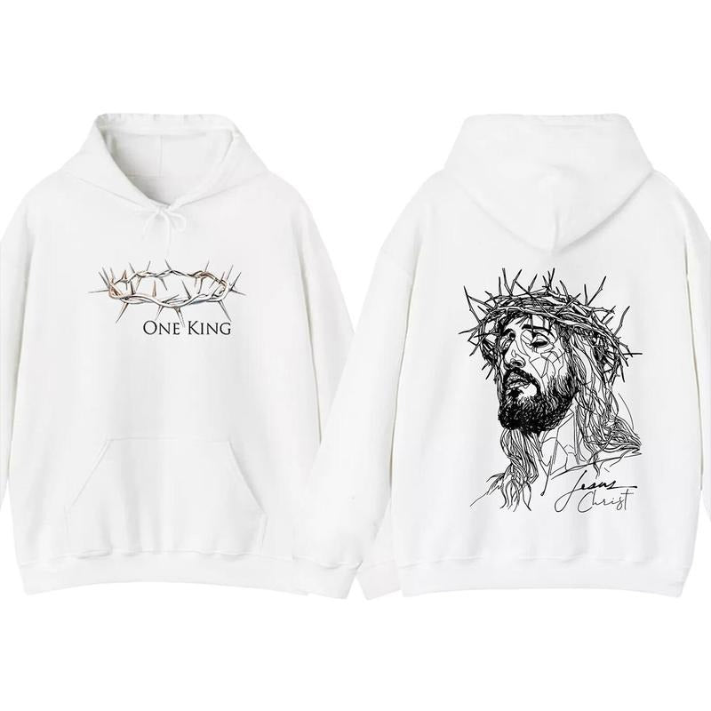 One King Jesus Crown Of Thorns 2 Sided Graphic Hoodie Fleece Fabric Casual Hooded Sweatshirt Trendy Tops Perfect Gift...