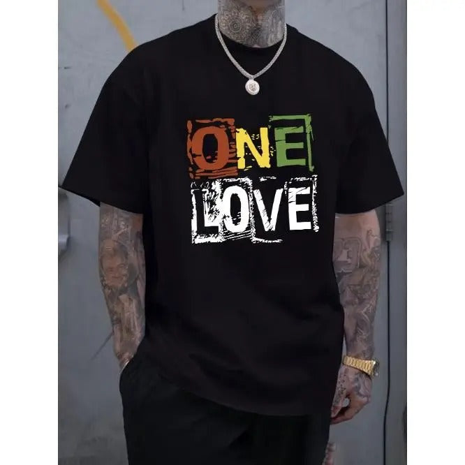 One Love Letter Print Men's Short Sleeve T-Shirts, Comfy Casual Elastic Crew Neck Tops For Men's Outdoor Activities Made...