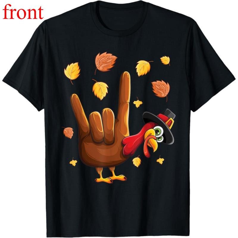 One Thanksgiving T-shirt with American Sign Language, featuring a turkey design that says "I love you" in American Sign...