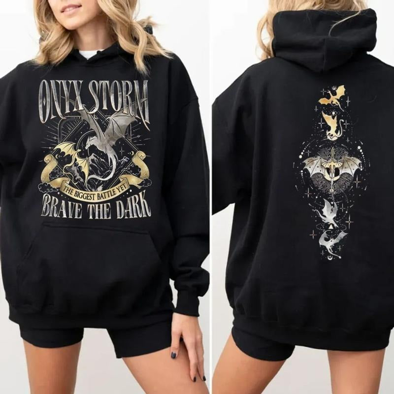 Onyx Storm Brave The Dark Sweatshirt 2 Sides, Fourth Wing Series T Shirt For Fan, Violet Sorrengail Dragon Rider Hoodie,...