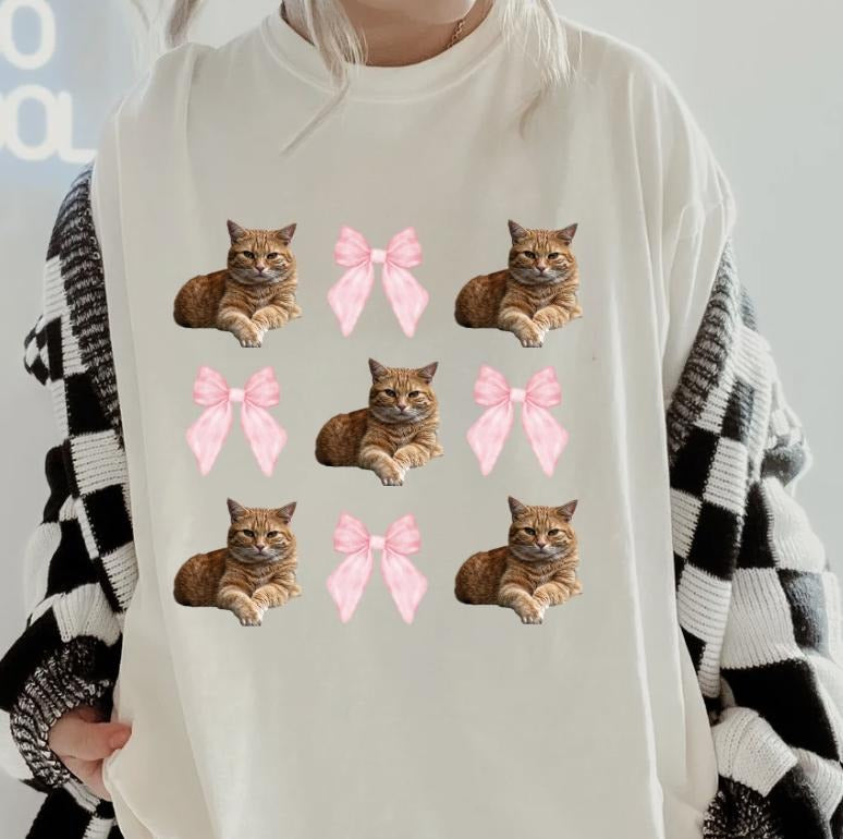 Orange Cat with bows Shirt ~ Unisex Apparel Relaxed Fit Printed In The USA Clothing Womenswear Casual Comfort Cotton Top...