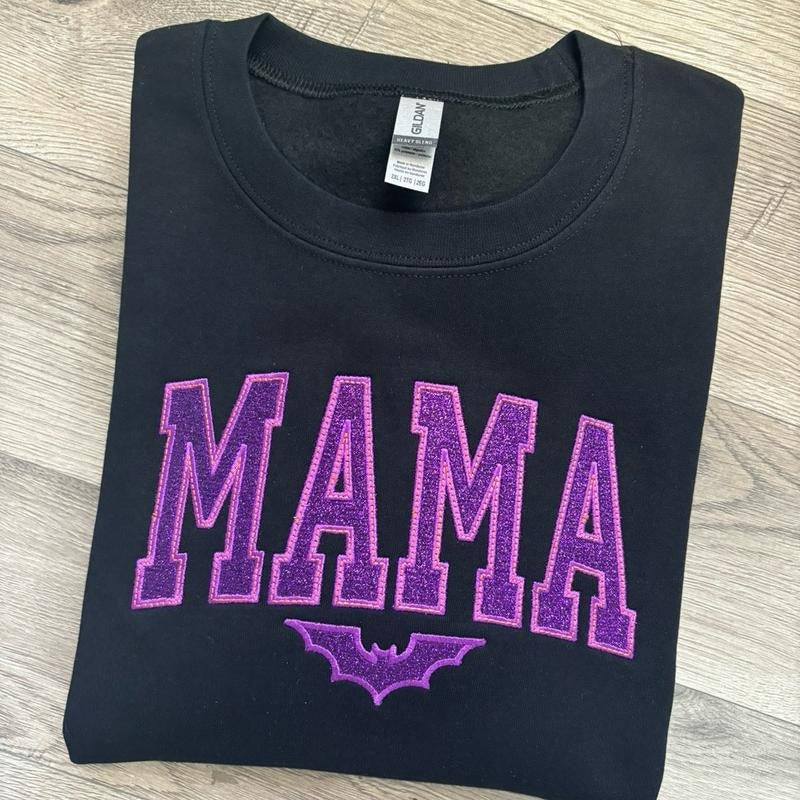 Black/Purple/Orange Mama Bat Spooky Season Embroidered Crewneck Sweatshirt T-Shirts, Hoodie | UrbanDripWear.com