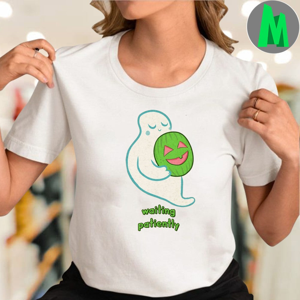 Original Cute Ghost Waiting Patiently Watermelon Jack-o’-Lantern T-Shirt