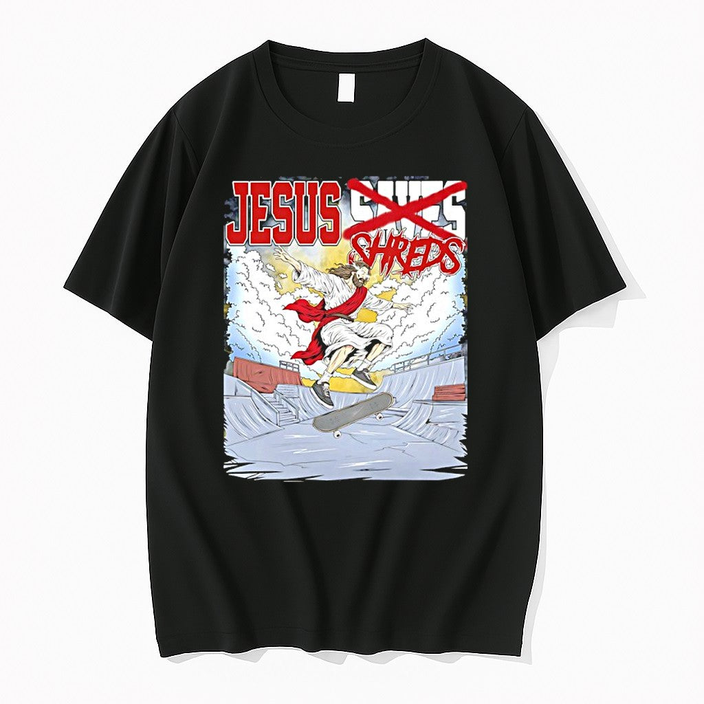 Original Jesus Shreds Skateboarding Meme Graphic Tshirts Jpg