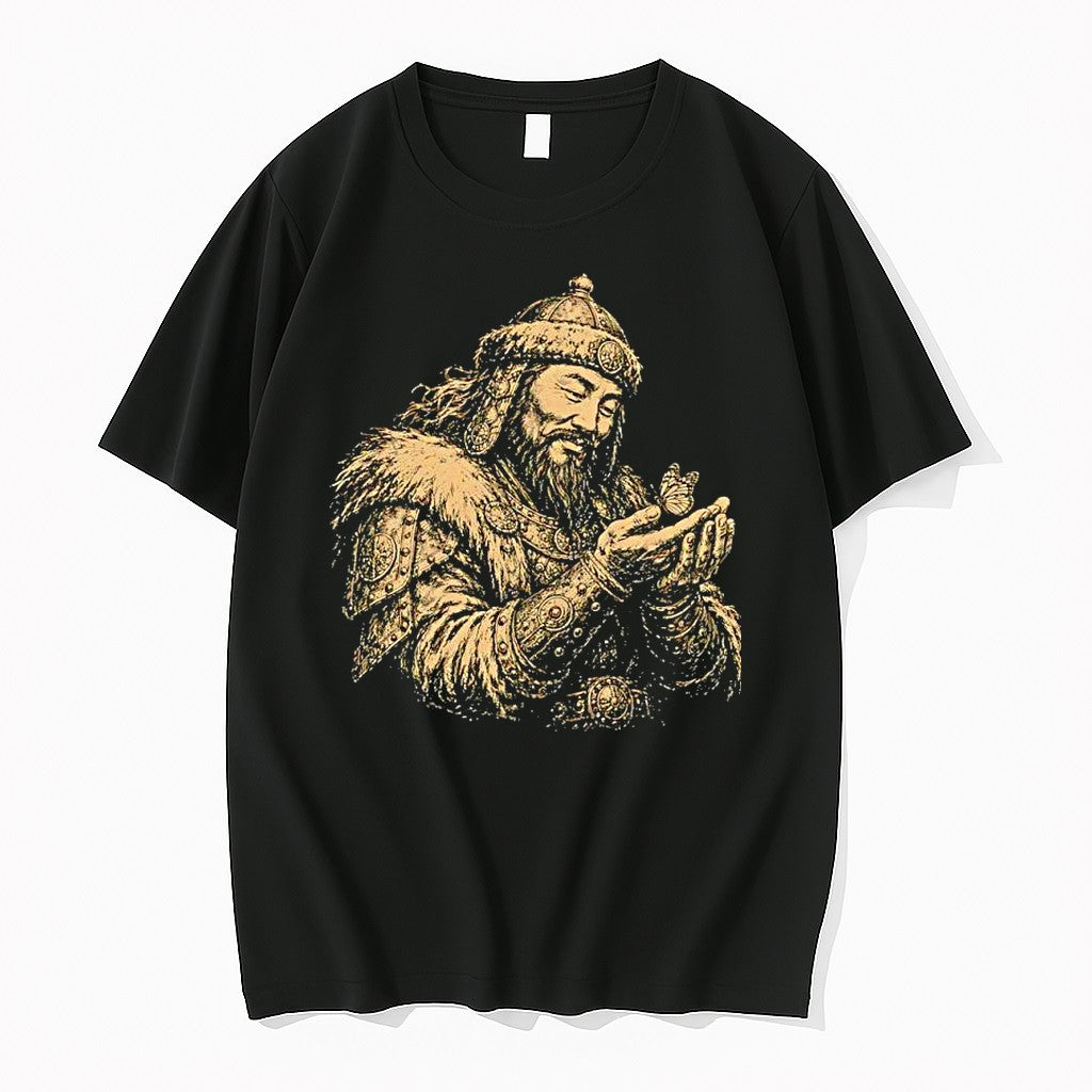 Original Mongol Warrior Holding Butterfly Engraved Illustration Tshirts Jpg