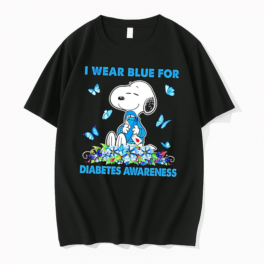 Original Peanuts Snoopy I Wear Blue For Diabetes Awareness Black Tshirts Jpg