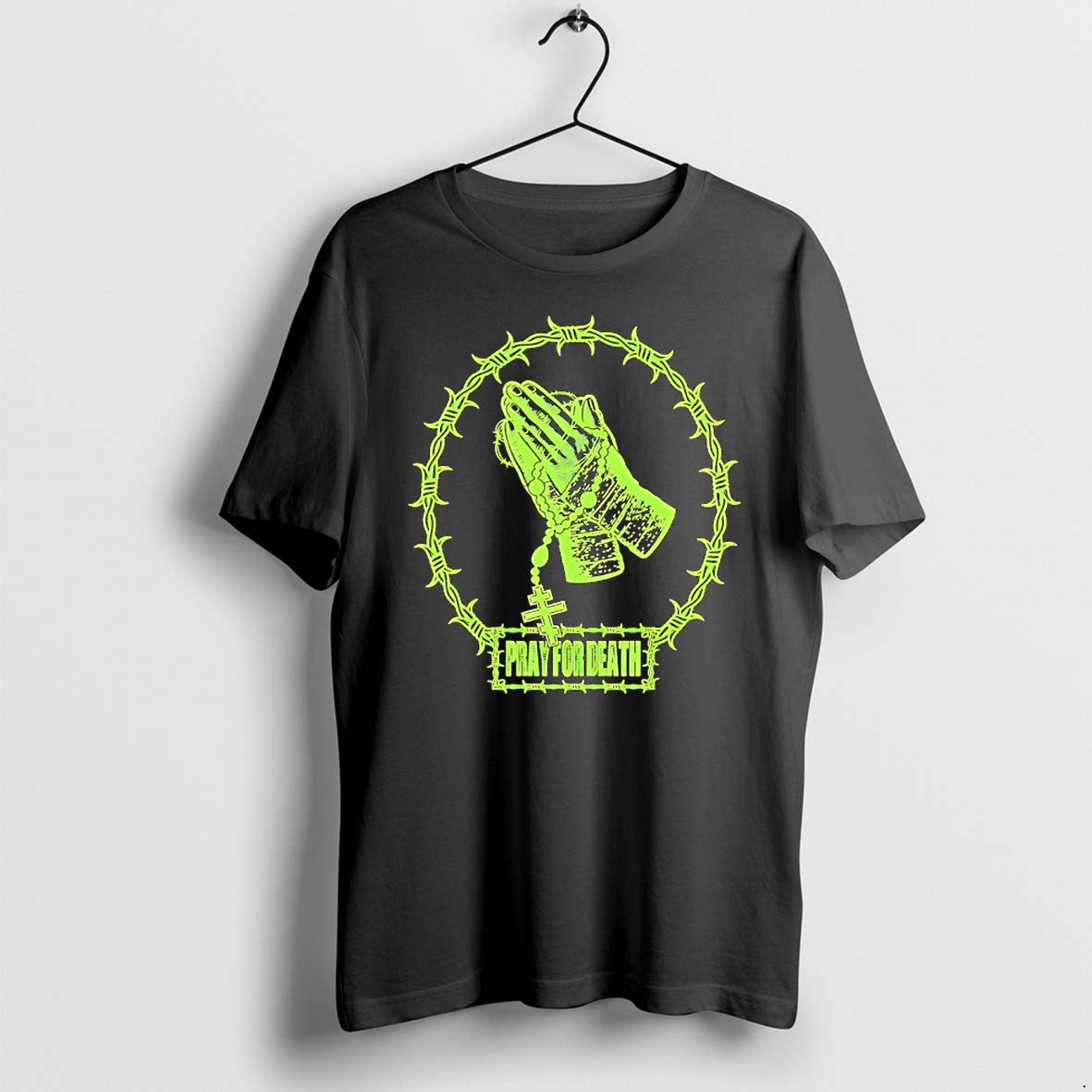 Original Praying Hands Rosary Cross Pray For Death Barbed Wire Edgy Gothic Tshirts
