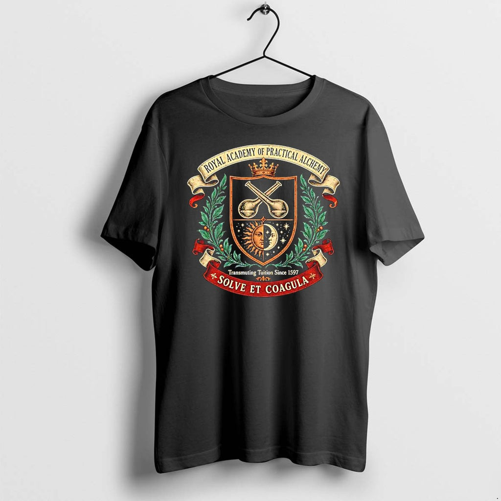 Original Royal Academy Of Practical Alchemy Solve Et Coagula Alchemy Crest Sun Moon Flasks Tshirts