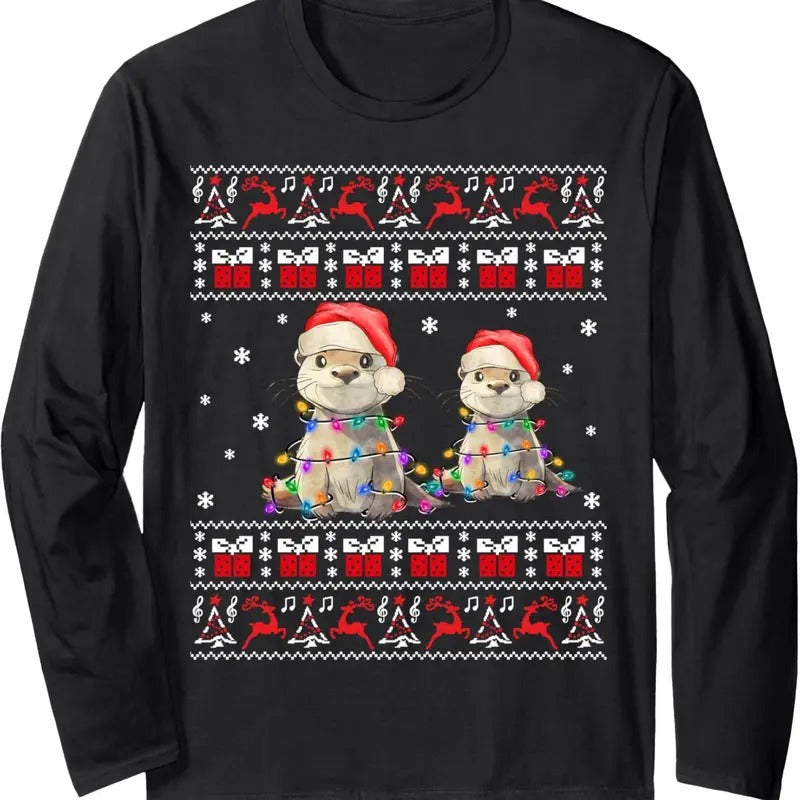 Otter Ugly Christmas Sweater Xmas Lights Family Matching Long Sleeve T-Shirt Hoodie, Sweatshirt | UrbanDripWear.com