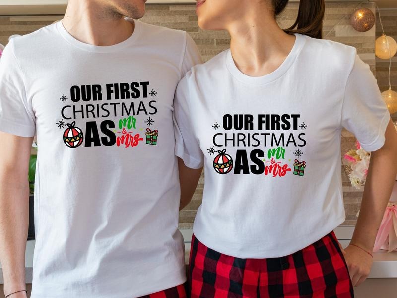 Our First Christmas As MR And MRS Shirts, Matching Couples Christmas T-Shirt, New Married X-mas Gift Tee, Wife Husband...