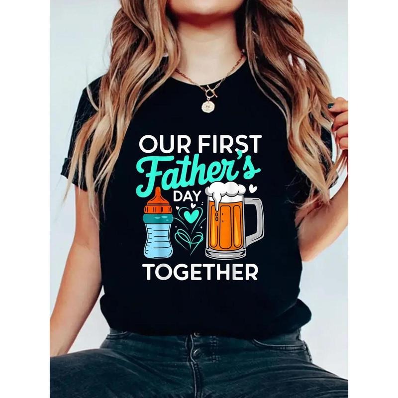 Our First Father's Day Together Funny Beer & Youngsters Bottle Graphic T-Shirt, Women's Short Sleeve Casual Top for...