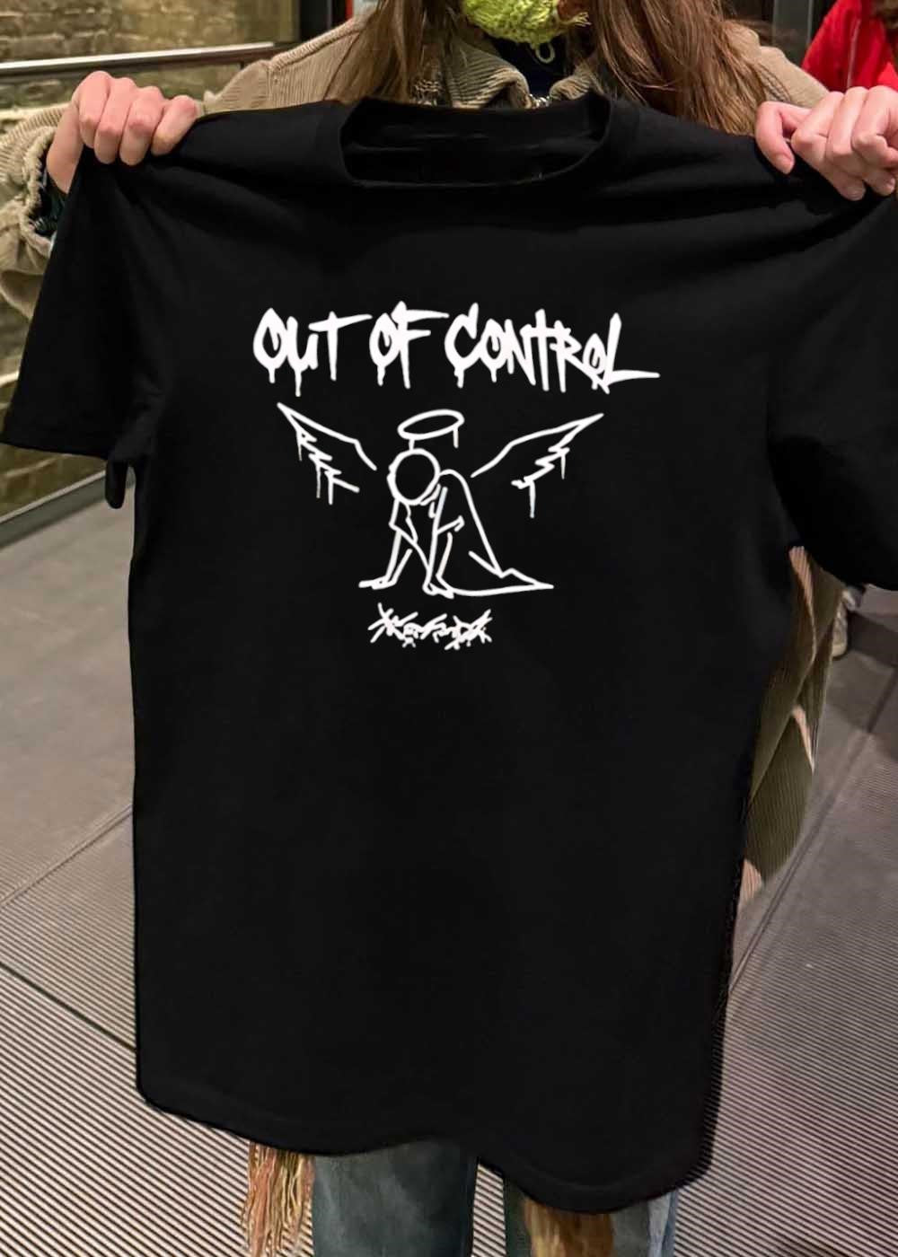 Out of Control Angel Huddled Cowering Scribble Logo Black T-Shirt