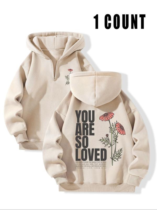 "Oversized Religious Half Zip Hoodie - 'You Are So Loved' Floral Print, Fleece Lined Beige Hooded Sweatshirt for Women's...