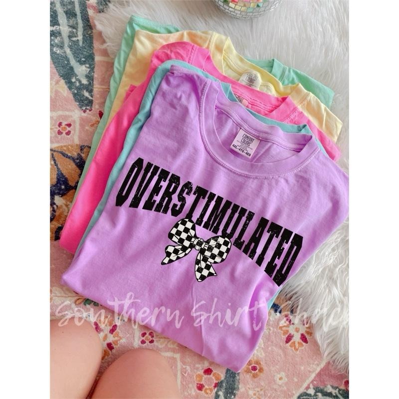 Overstimulated Checkered Bow T shirt  | comfort colors T shirt top Hoodie, Sweatshirt | UrbanDripWear.com