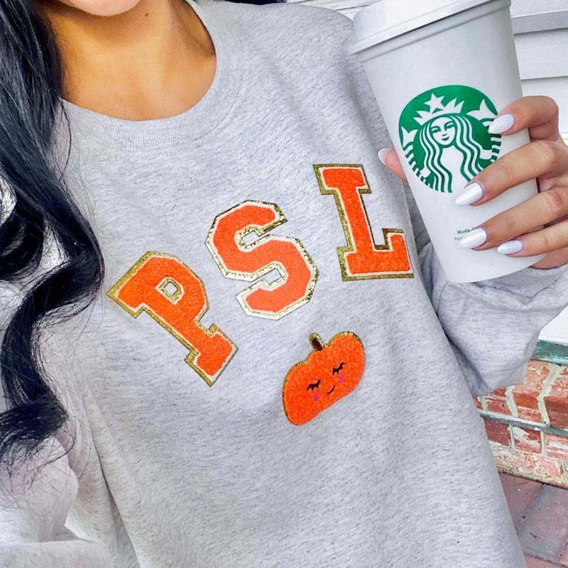 'PSL' Letter Patch Sweatshirt - Pumpkin Spice Latte, Chenille Letter Patches T-Shirts, Hoodie | UrbanDripWear.com