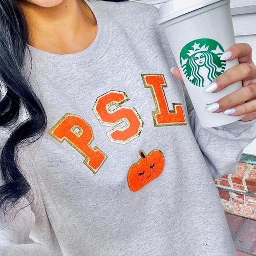 'PSL' Letter Patch Sweatshirt - Pumpkin Spice Latte, Chenille Letter Patches T-Shirts, Hoodie | UrbanDripWear.com