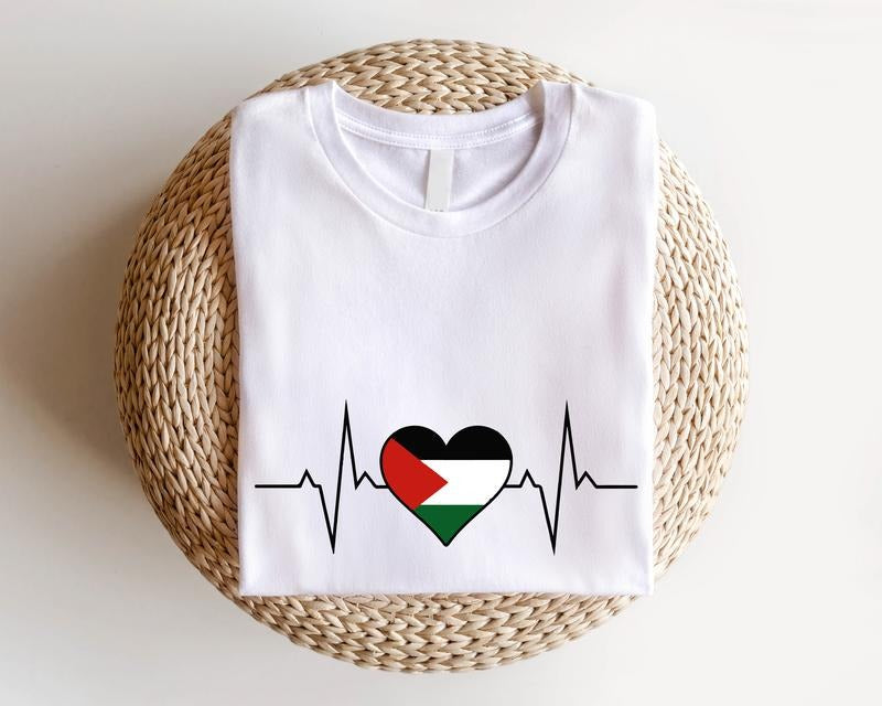 Palestine Heartbeat Flag Shirt, Free Palestine T-Shirt, Save Palestinian Shirt, Stand With Palestine Short Sleeve,...