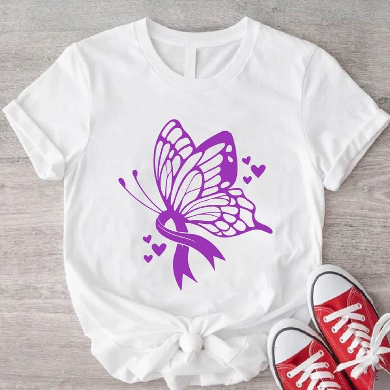 Pancreatic Cancer Awareness T-Shirt, Purple Ribbon Butterfly Shirt, Matching Cancer Support Tee, Unisex Pancreatic Cancer...