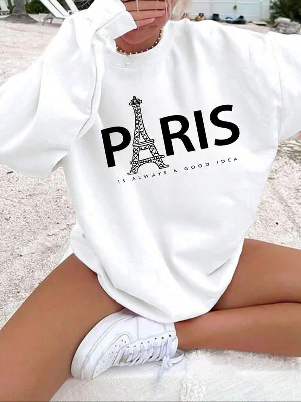 Paris Print Crew Neck Sweatshirt for Graduation, Casual Back to School, Loose-Fitting Teacher Clothing for Women, Ideal...