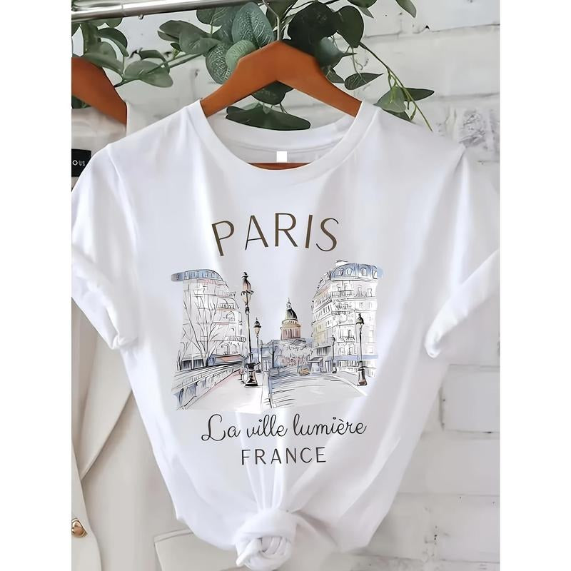 Paris Women Print T-shirt Girl Short Sleeve Crew Neck Casual Top for Summer & Spring, Women's Clothing style 02 Hoodie,...