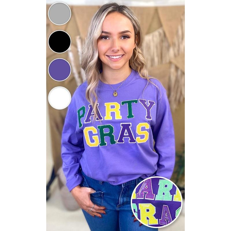 Party Gras Soft Chenille Graphic Long Sleeve T-Shirt Hoodie, Sweatshirt | UrbanDripWear.com