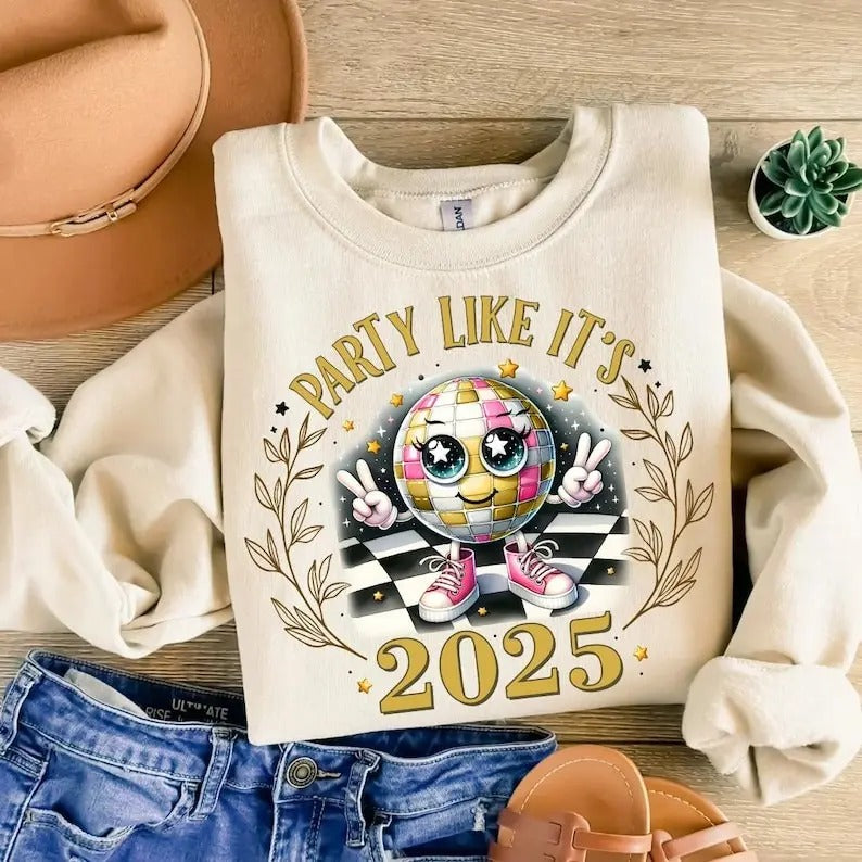 Party Like It's 2025 New Year Cute Disco Ball Sweatshirt, New Year New Me, Hello 2025 Shirt Hoodie | UrbanDripWear.com