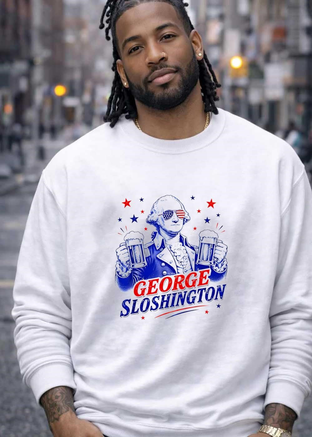 Party Patriot George Sloshington Drinking Beer T-Shirt