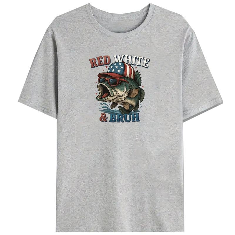 Patriotic - Inspired T - Shirt: Fish Graphic with 'RED WHITE & BRUSH' for a Fun, Laid