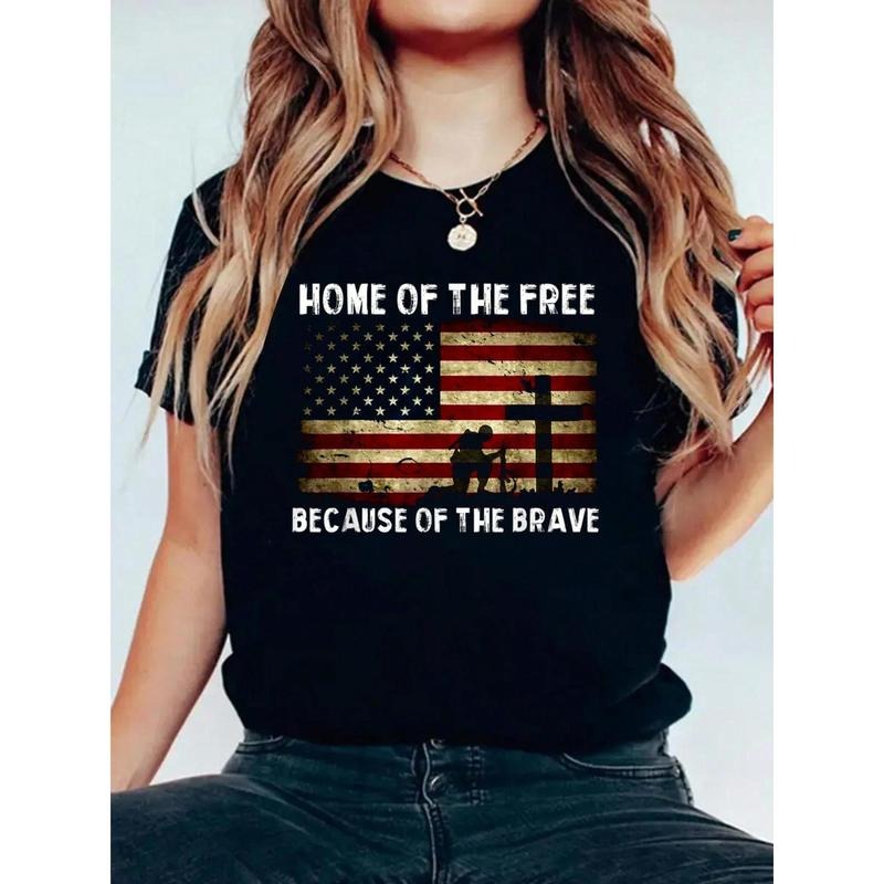 Patriotic "Home of the Free Because of the Brave" Veterans T-Shirt - 100% Cotton Crew Neck Tee with Distressed American...