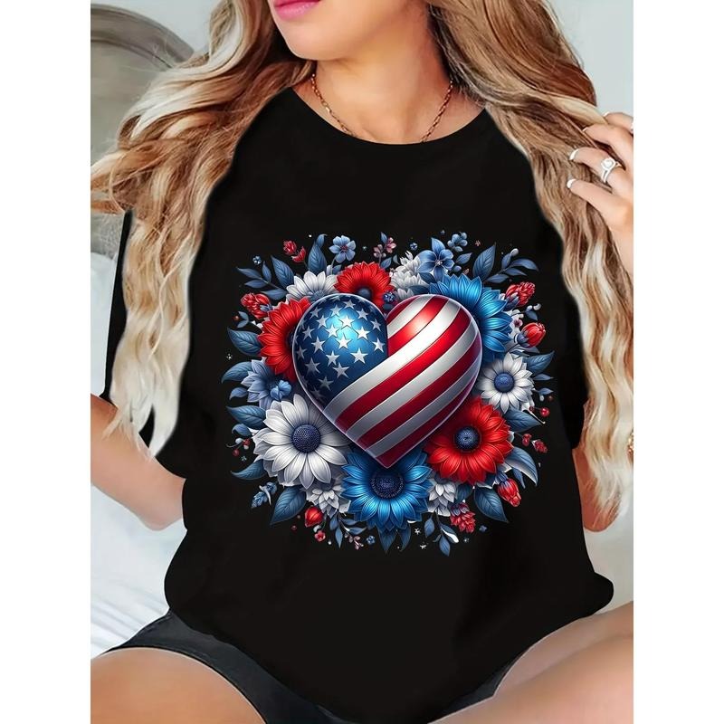 Patriotic American Flag Heart Floral Print T-Shirt, Crew Neck Short Sleeve Casual Tee for Women, Vibrant Red White Blue...