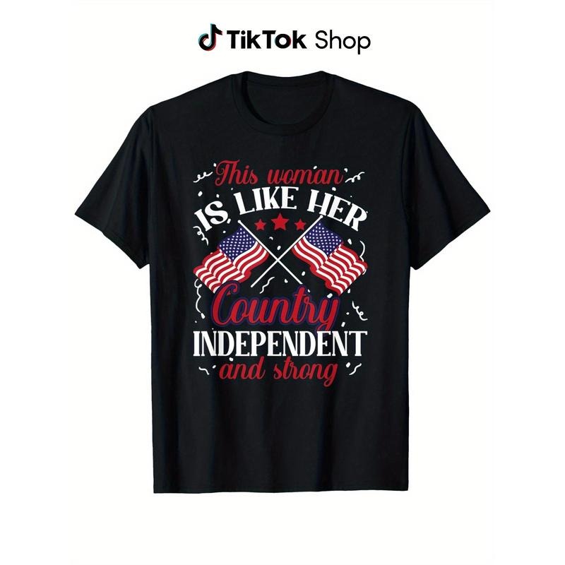 Patriotic American Flag T-Shirt - 100% Cotton 180g Crew Neck Top with "This Woman is Like Her Country" Slogan,...