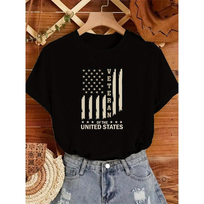 Patriotic American Flag Veteran Graphic Tee for Women - Casual   T-Shirt with Crew Neck, Short Sleeves, Machine Washable