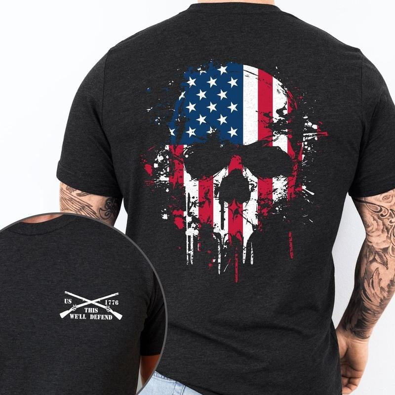 Patriotic American Skull T-shirt, Regular Fit Street Round Neck Short Sleeve Shirt,Menswear, Father's Day Gift,America...