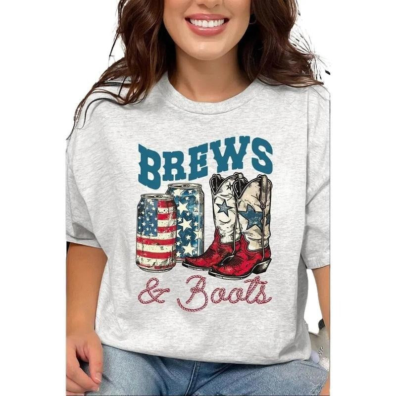 Patriotic Brews And Boots Short Sleeve Relaxed Fit T-Shirt Hoodie, Sweatshirt | UrbanDripWear.com