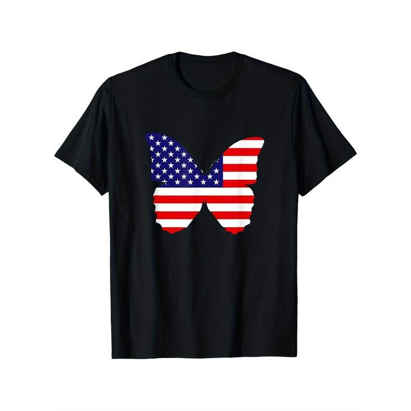 Patriotic Butterfly USA Flag T-Shirt - 100% Cotton 180gsm Crew Neck Tee for Women,, All-Season Casual Wear for Holidays,...