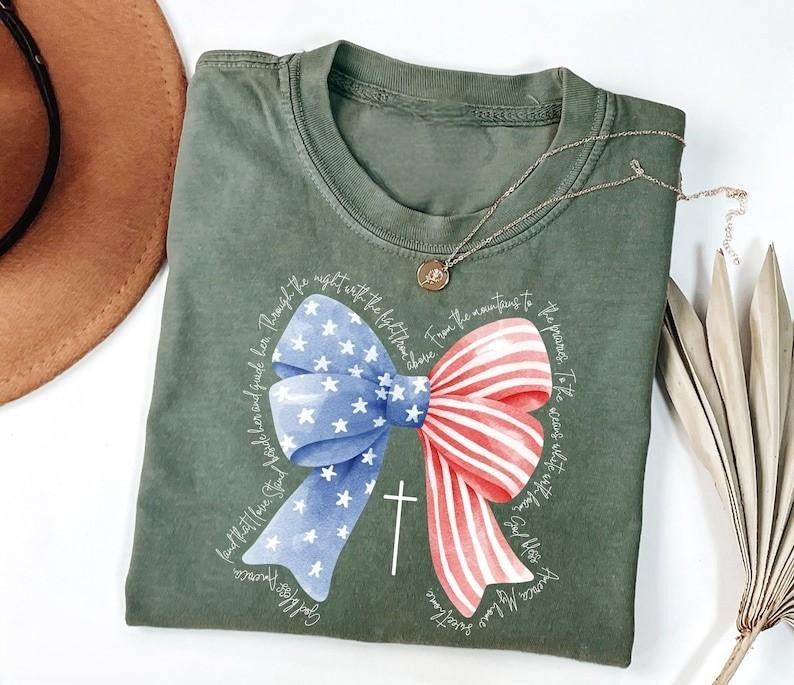 Patriotic Coquette Bow Tshirt, God Bless America Shirt, 4th of July T-Shirt, Women's Patriotic Tee Hoodie, Sweatshirt